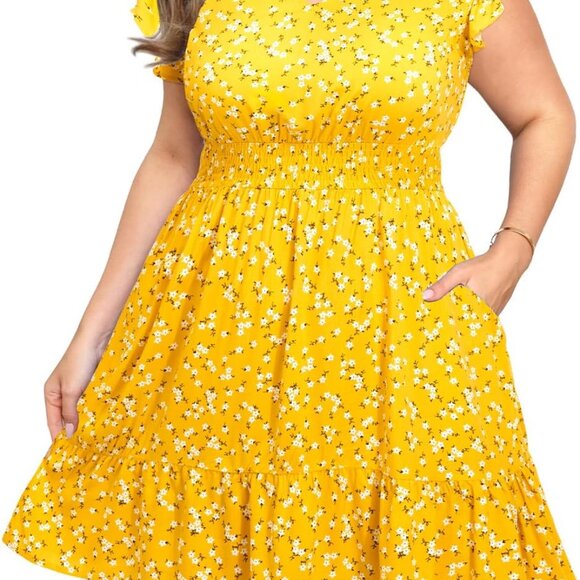 Womens Plus Size Summer Dress Flowy V Neck Ruffle Sleeves Pockets Casual - Picture 1 of 6
